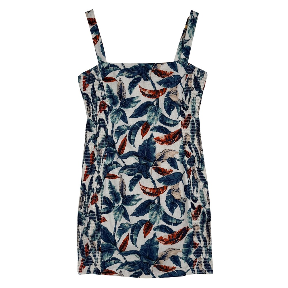 Robin K Tropical Leaf Print Mini Dress Womens Size M White Blue Linen Smocked